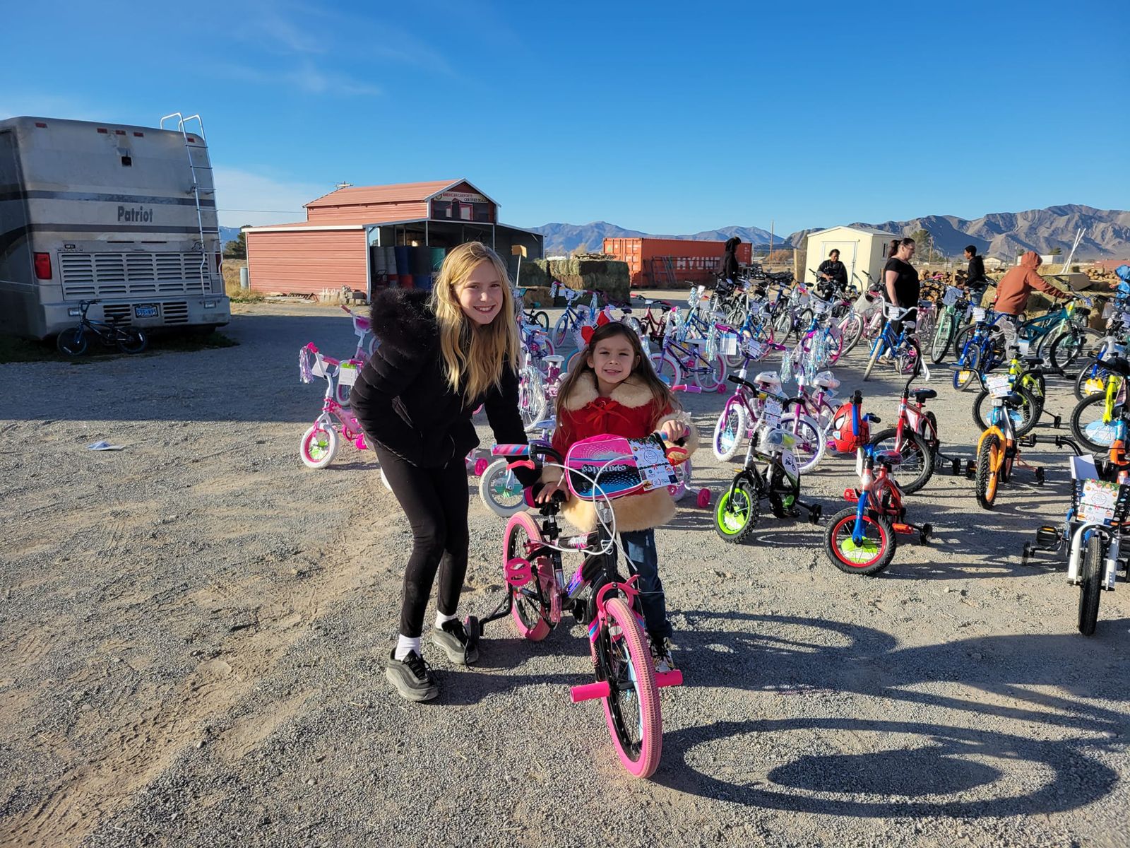 Bicycles gathered together before a holiday giveaway
